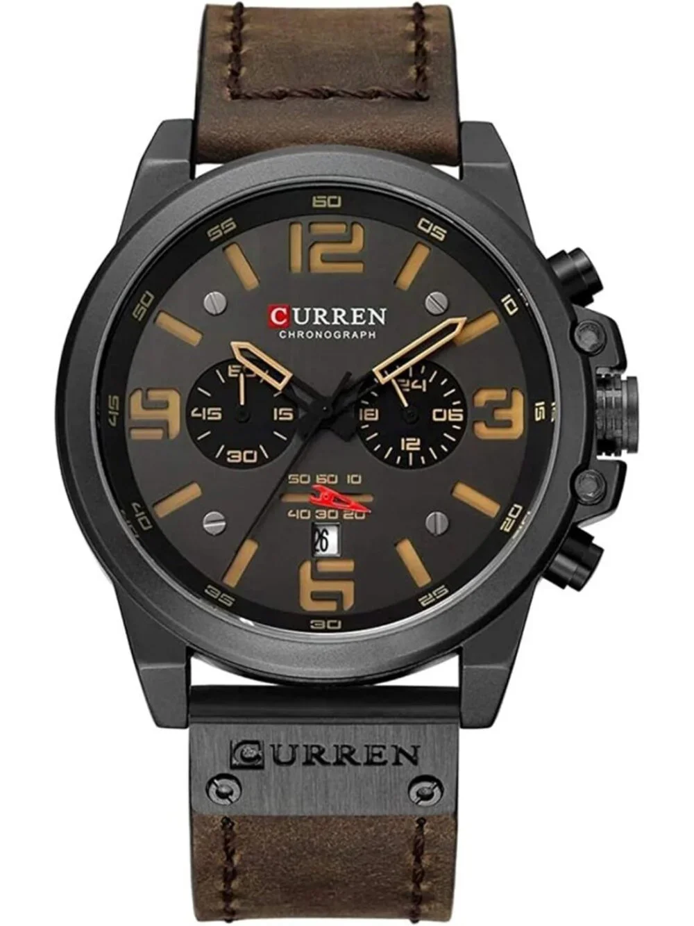 Mens Black And Coffee Analog Leather Strap Sandwich Dial Chronograph Wrist Watch